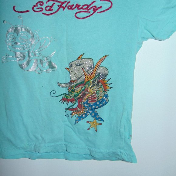 Ed Hardy Unisex Teal Blue Rhinestone Dragon Silver Bee Toddler T-Shirt sz 4 Year - Picture 3 of 5